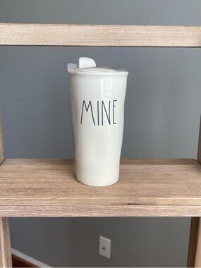 Rae Dunn “MINE” Ceramic Travel Mug with Lid – White Minimalist Coffee Cup NWT